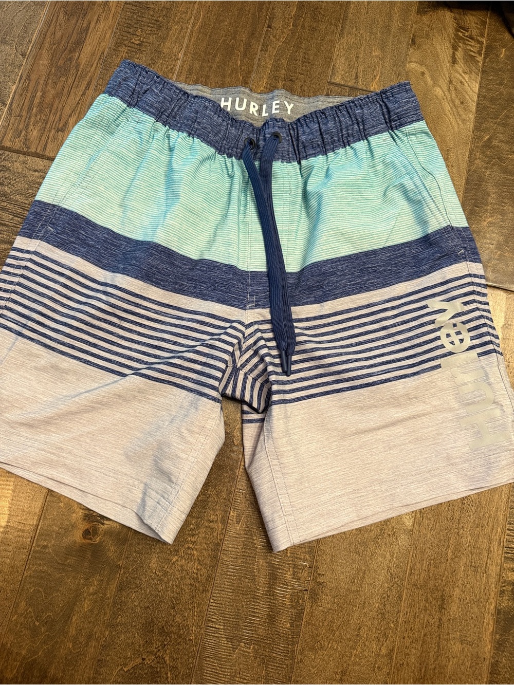 Hurley Men’s Aqua and Navy Striped Athletic Shorts
